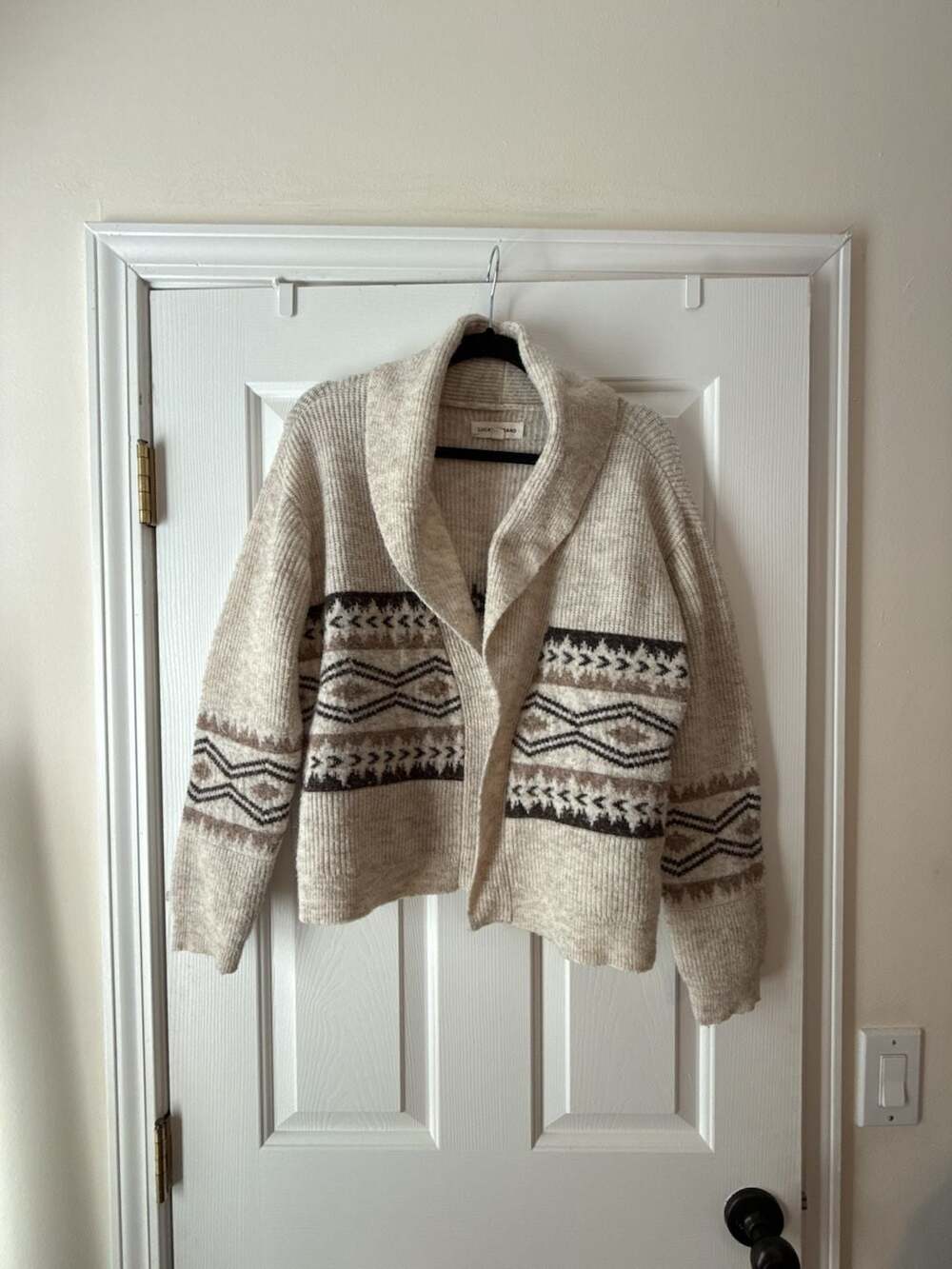 Lucky Brand Fair Isle Shawl Collar Cardigan Sweater Cream Size M
